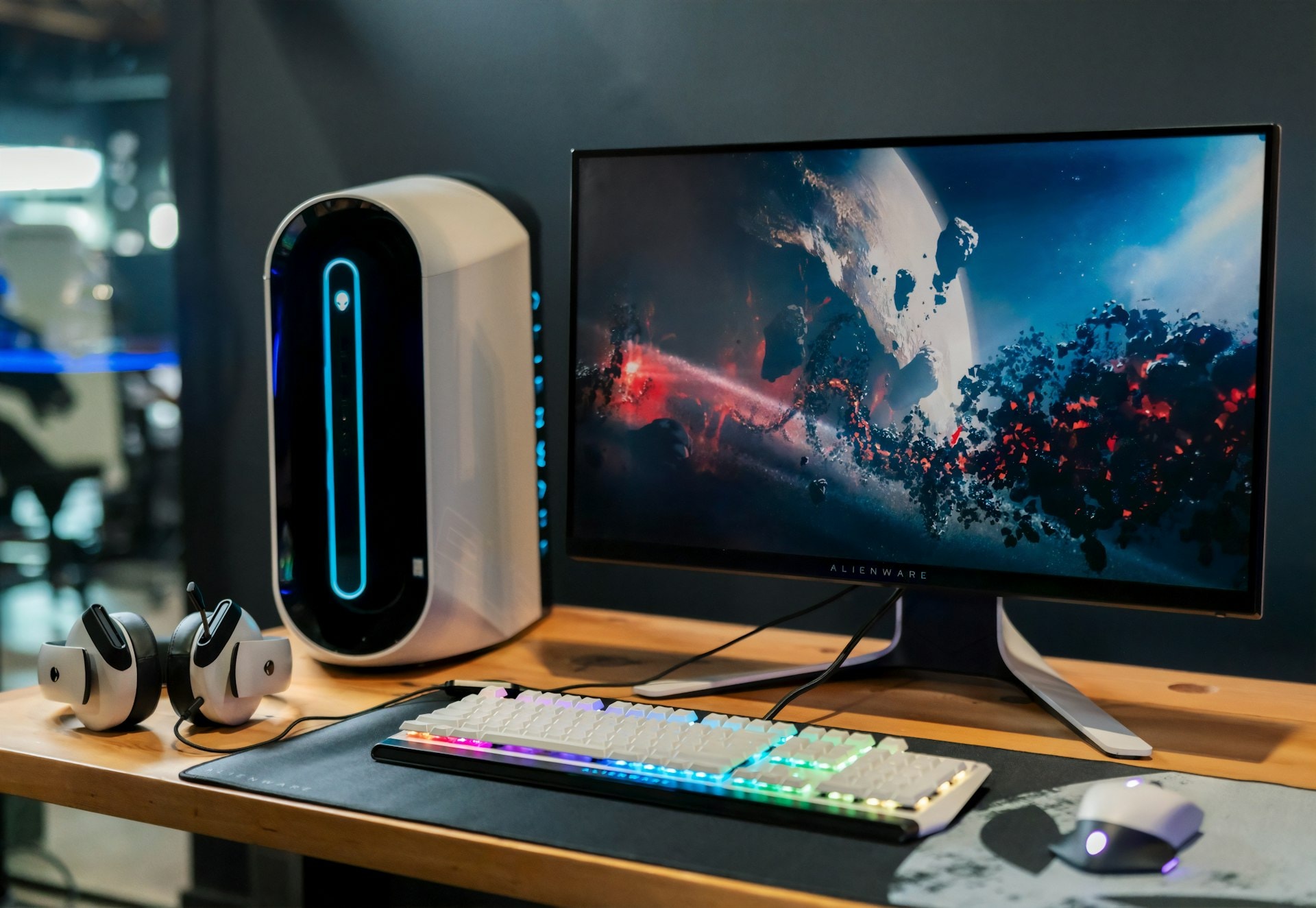 Workstation desk with laptop and monitor